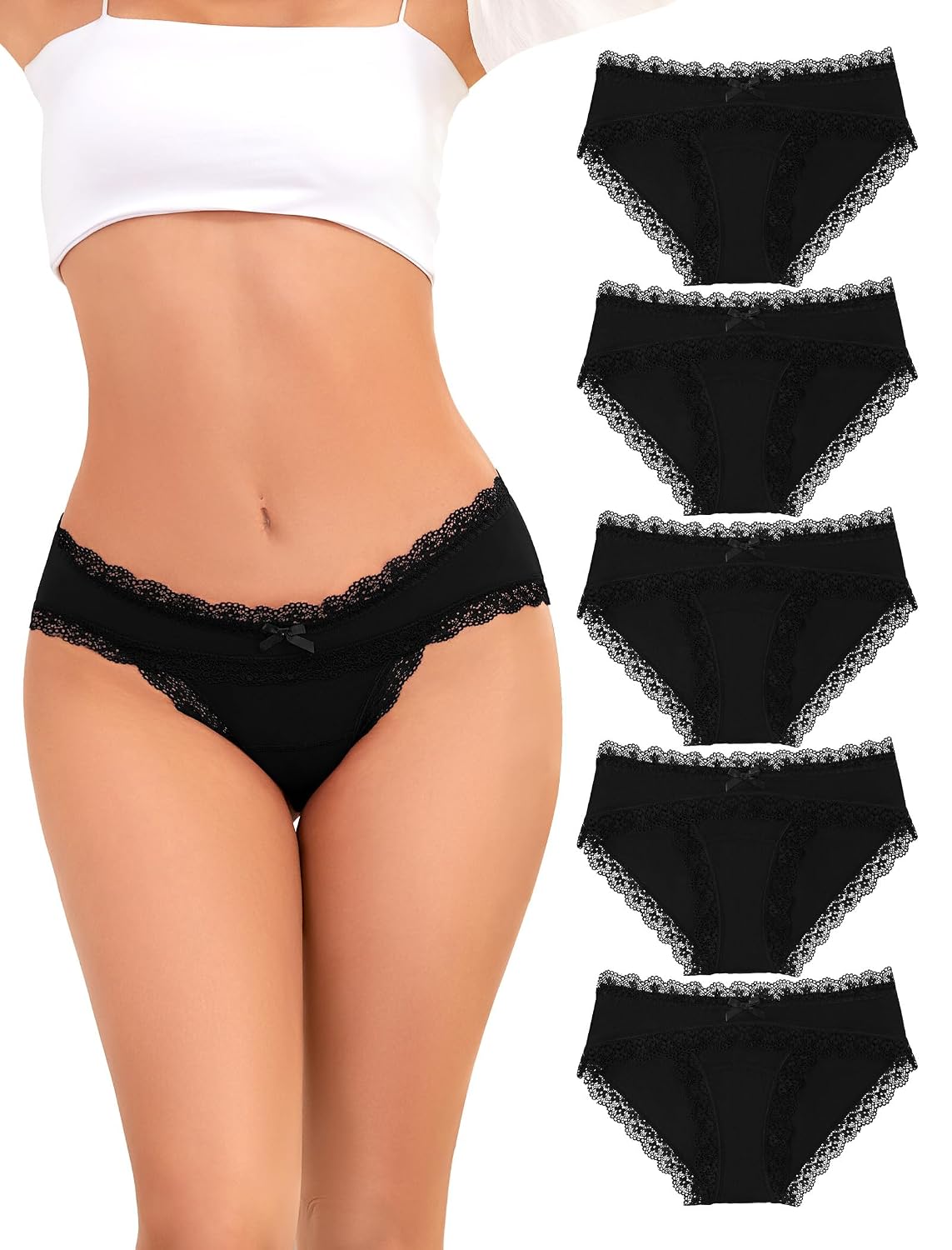 voenxe Women's Cotton Lace Hipster Panties 5-Pack