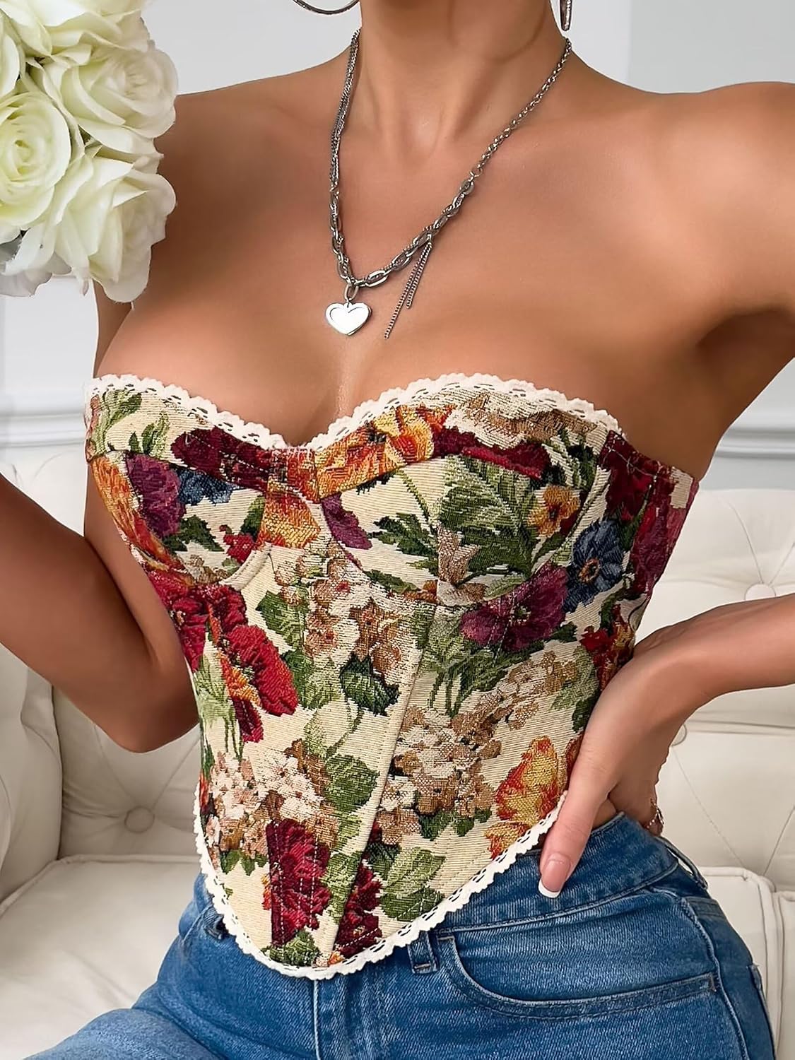 QIAIYALA Vintage Floral Strapless Corset Bustier — image 2