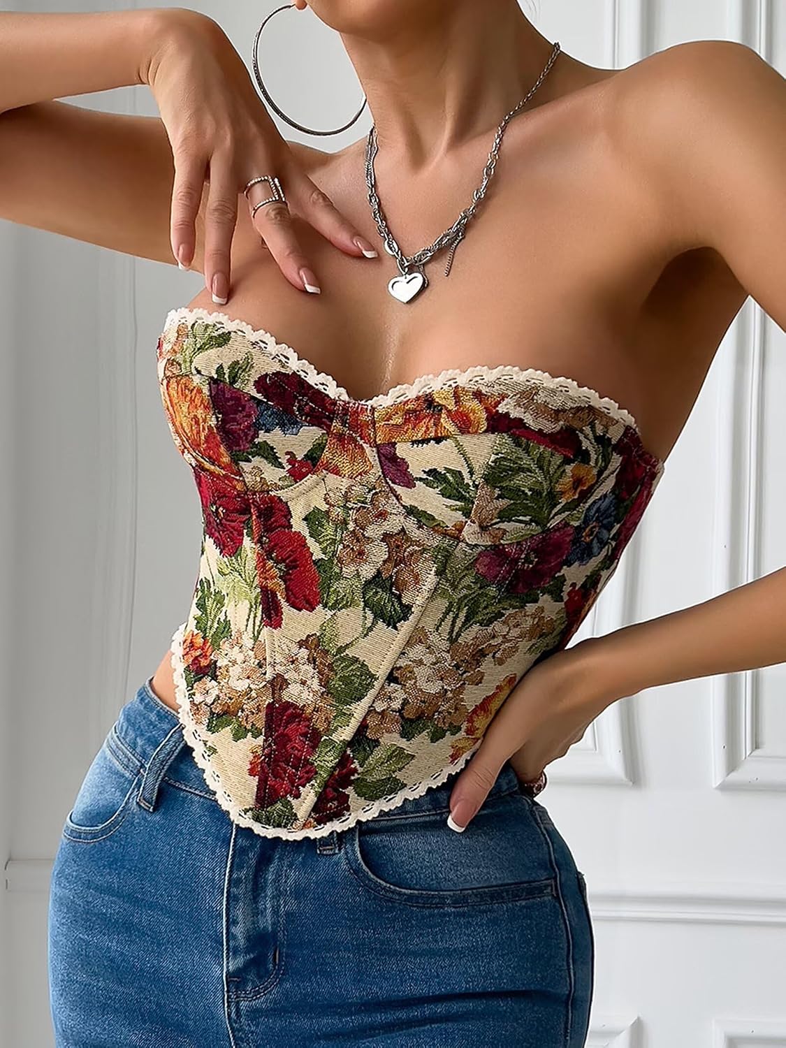 QIAIYALA Vintage Floral Strapless Corset Bustier — image 4