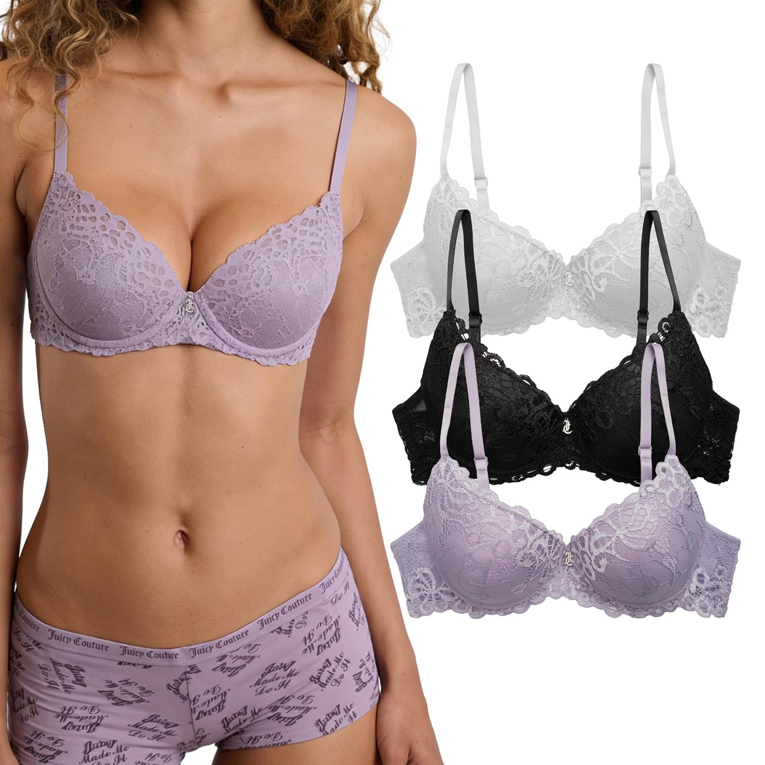 Juicy Couture 3-Pack Push Up Lace Bra Set
