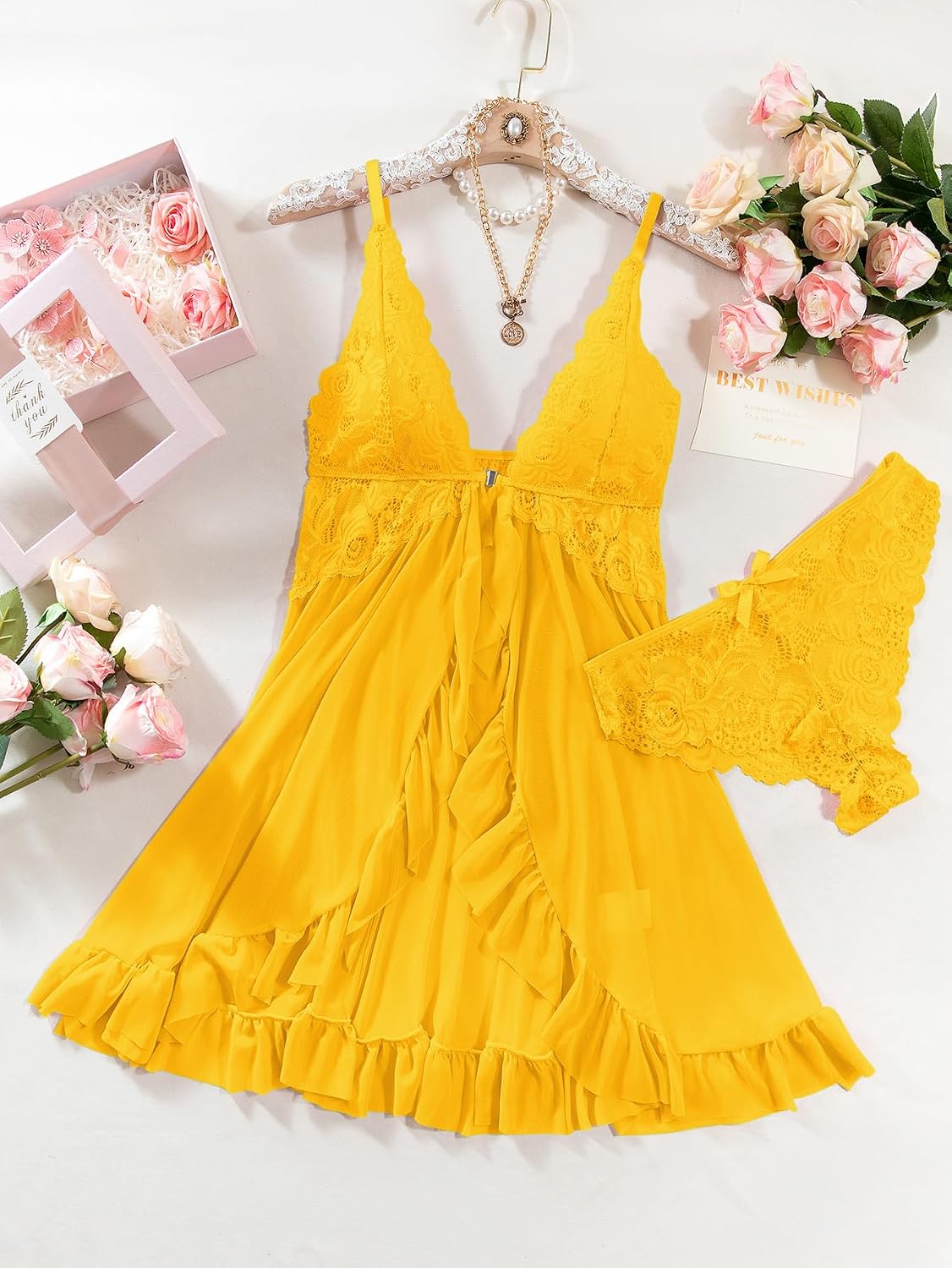 Foxiny Sheer Mesh Lace Babydoll Dress Set — image 5