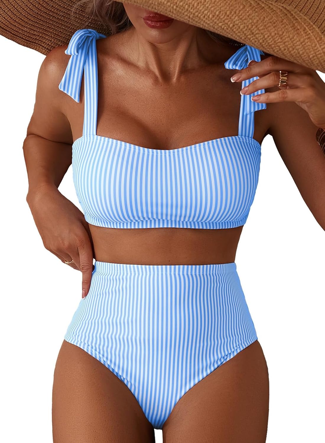 Herseas Tie Shoulder High Waisted Bikini Set