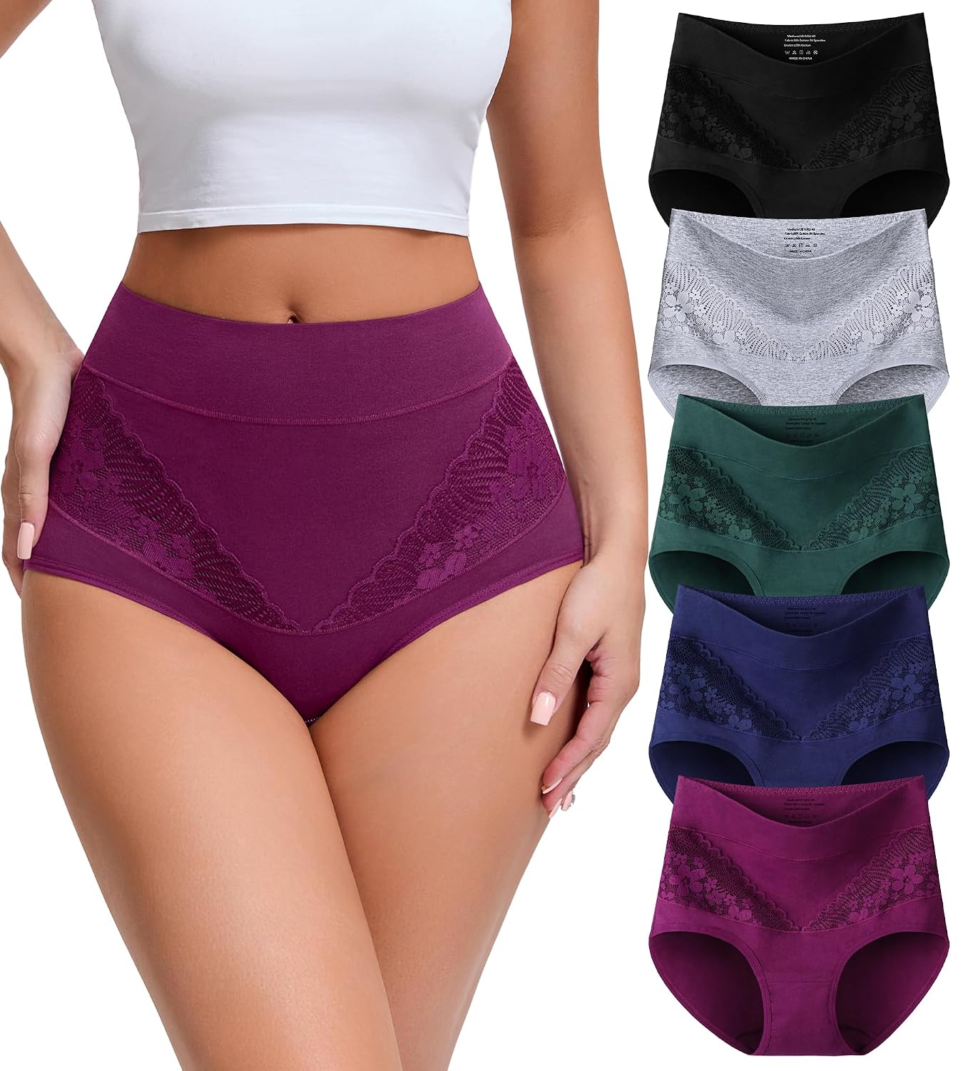JUYINA Women's Cotton High Waisted Briefs 5 Pack