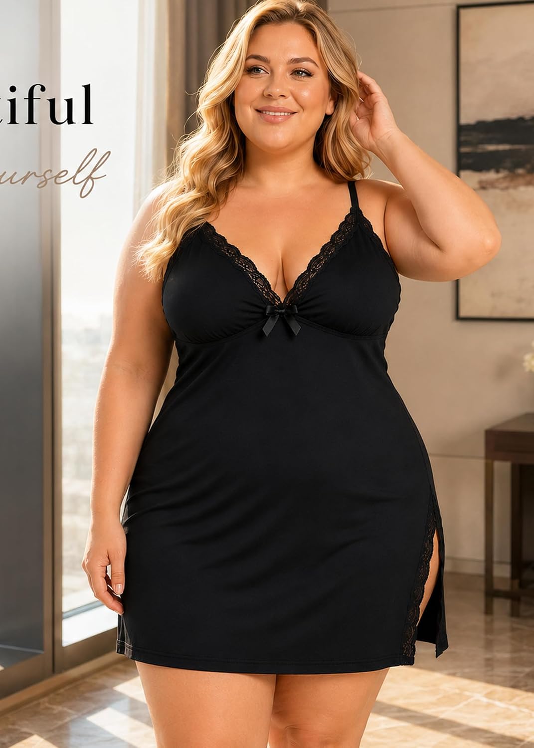 Eirisly Plus Size Lace Modal High Slit Nightgown — image 2