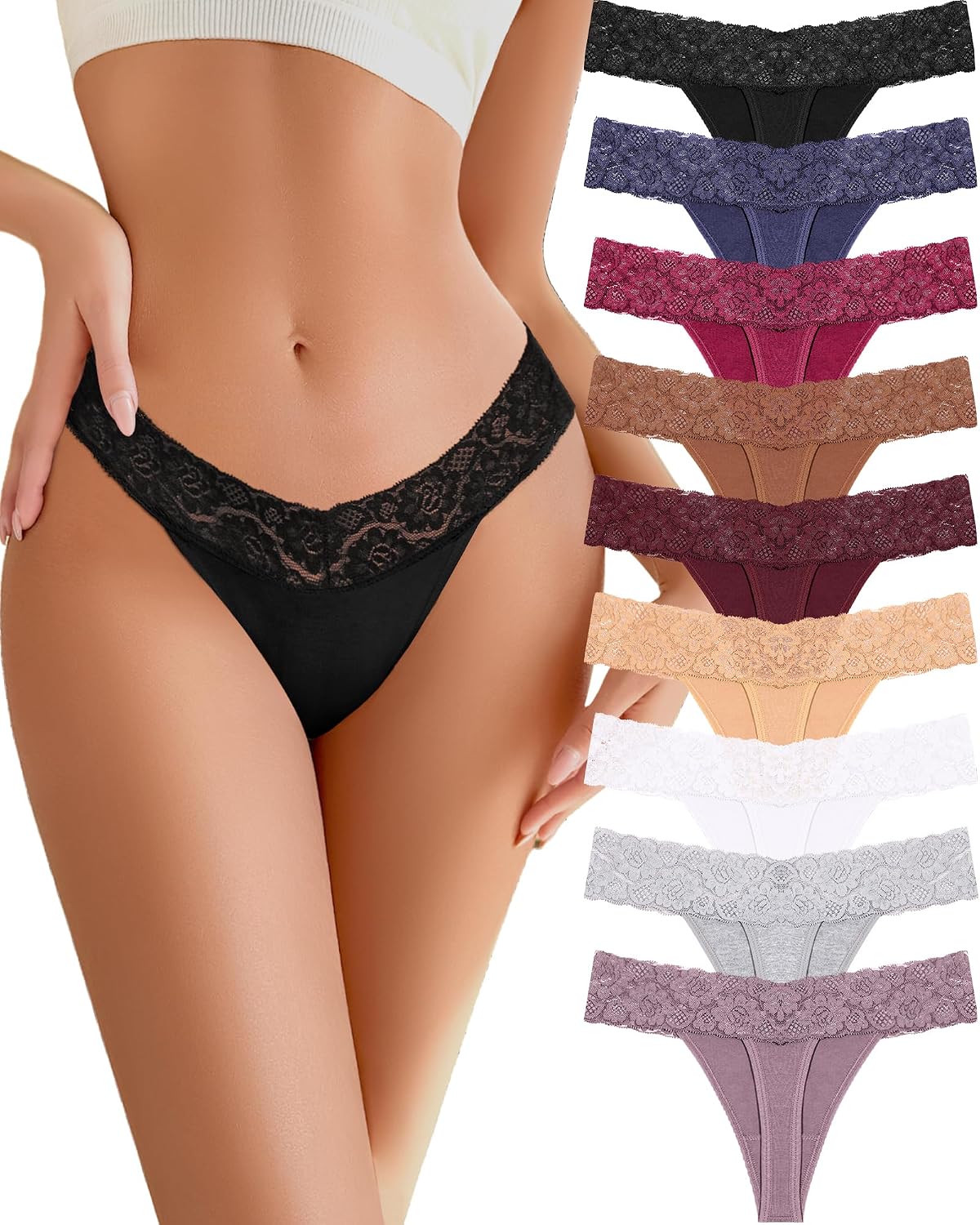 READY TO LOVE 9-Pack Cotton Lace Thongs