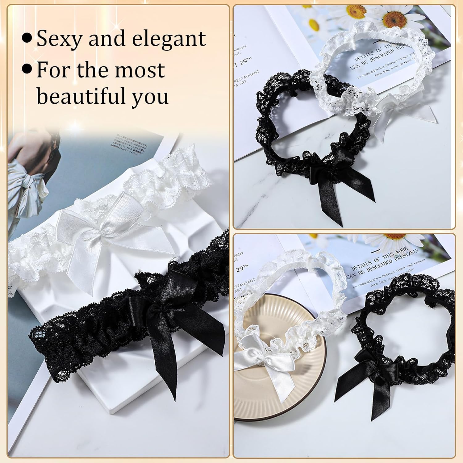Elegaperma Black & White Lace Bridal Garters Set — image 6