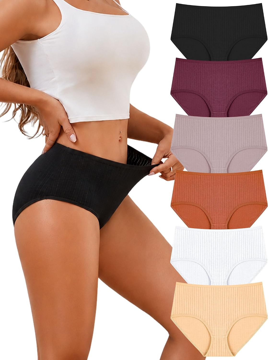 FINETOO High Waisted Cotton Ribbed Briefs 6 Pack
