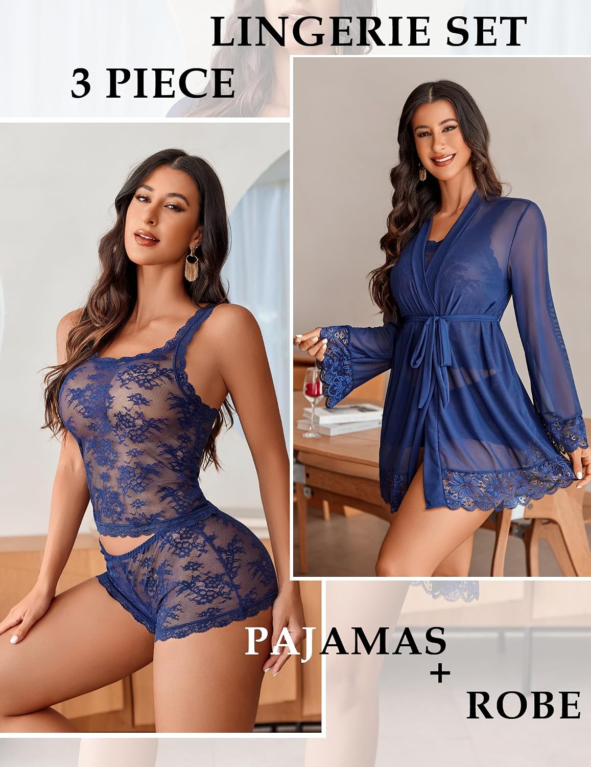 Avidlove 3 Piece Lace Cami Short Set with Robe — image 2