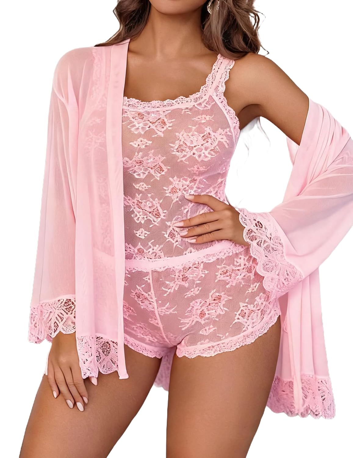 Avidlove 3 Piece Lace Cami Short Set with Robe — image 11