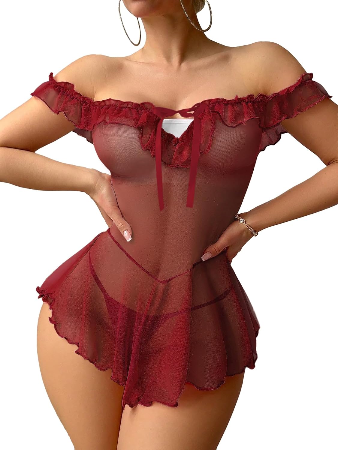 Mixxmix Off Shoulder Ruffle Babydoll Lingerie