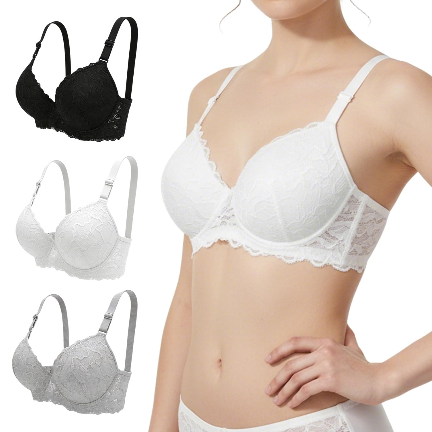 Dpizgic Women's 3-Pack Lace Padded Push-Up Bras