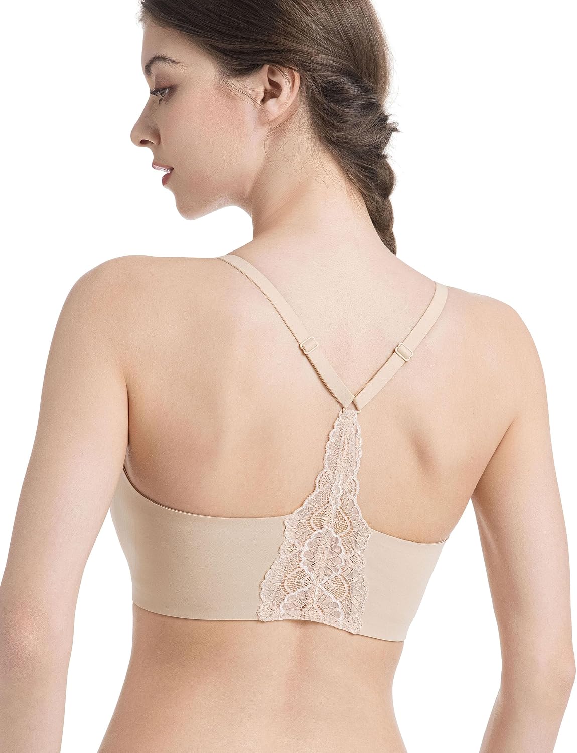 Lusait Women Wireless Jelly Bra Seamless Lace Racerback Everyday Tshirt Bra | Full coverage,low Cut Deep V-Neck,support and lift,no underwire,soft comfortable bralette,plunge,invisible,no show Tshirt Bra