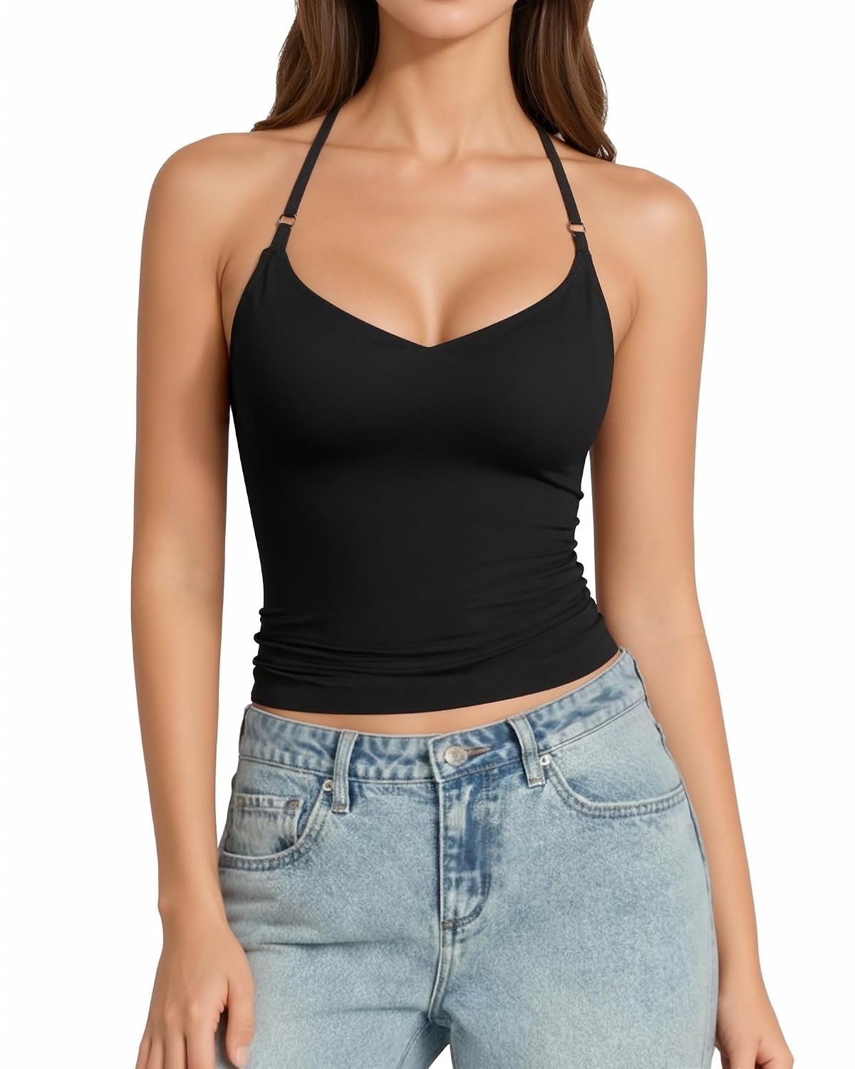 MANGOPOP Women's Halter V Neck Backless Cami Top