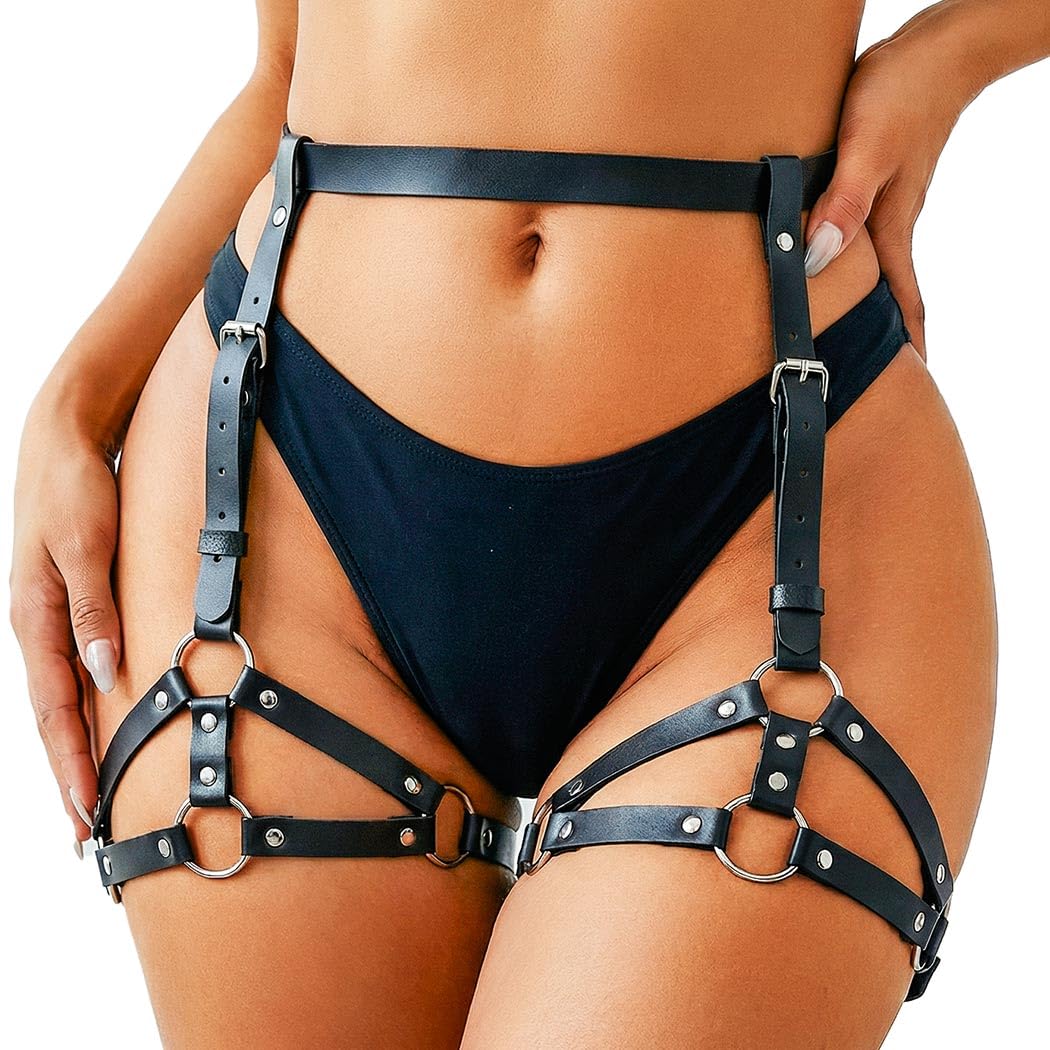 REETAN Leather Thigh Harness – Black Gothic Garter Belt