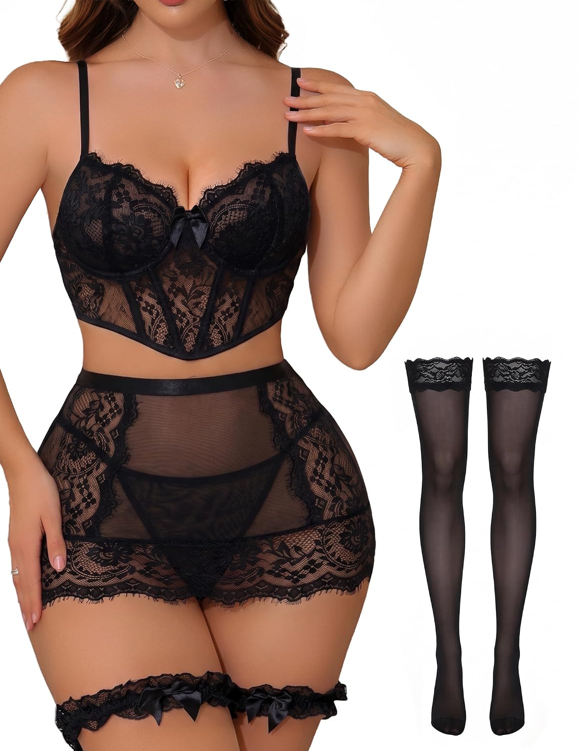 CHALOVELO Lace Corset Mini Skirt Set with Thong