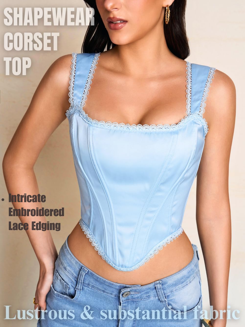 ChiaoLezhee Women's Lustrous Satin Corset Bustier with Lace Trim — image 2