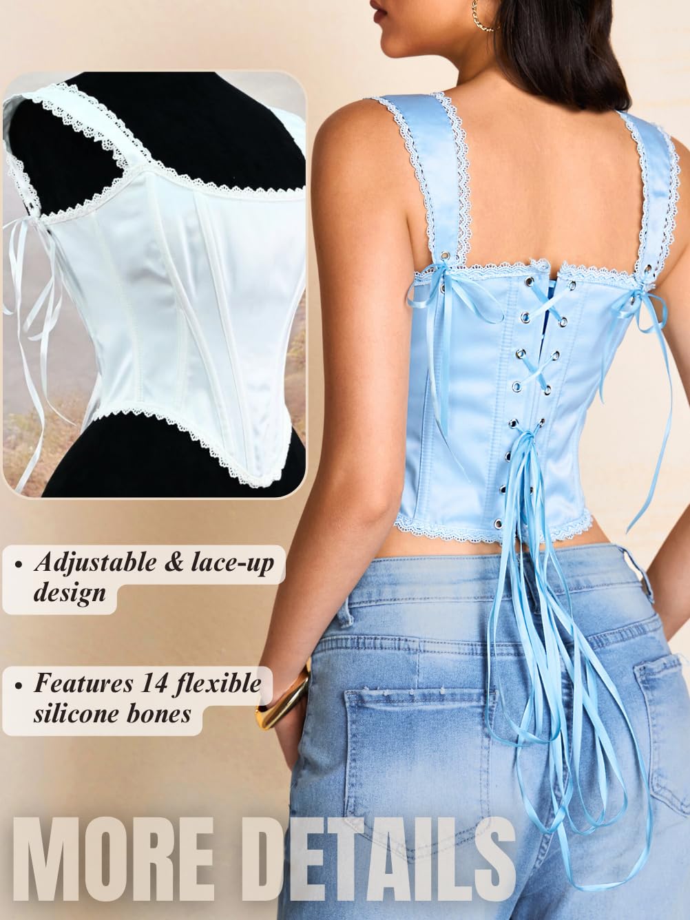 ChiaoLezhee Women's Lustrous Satin Corset Bustier with Lace Trim — image 3
