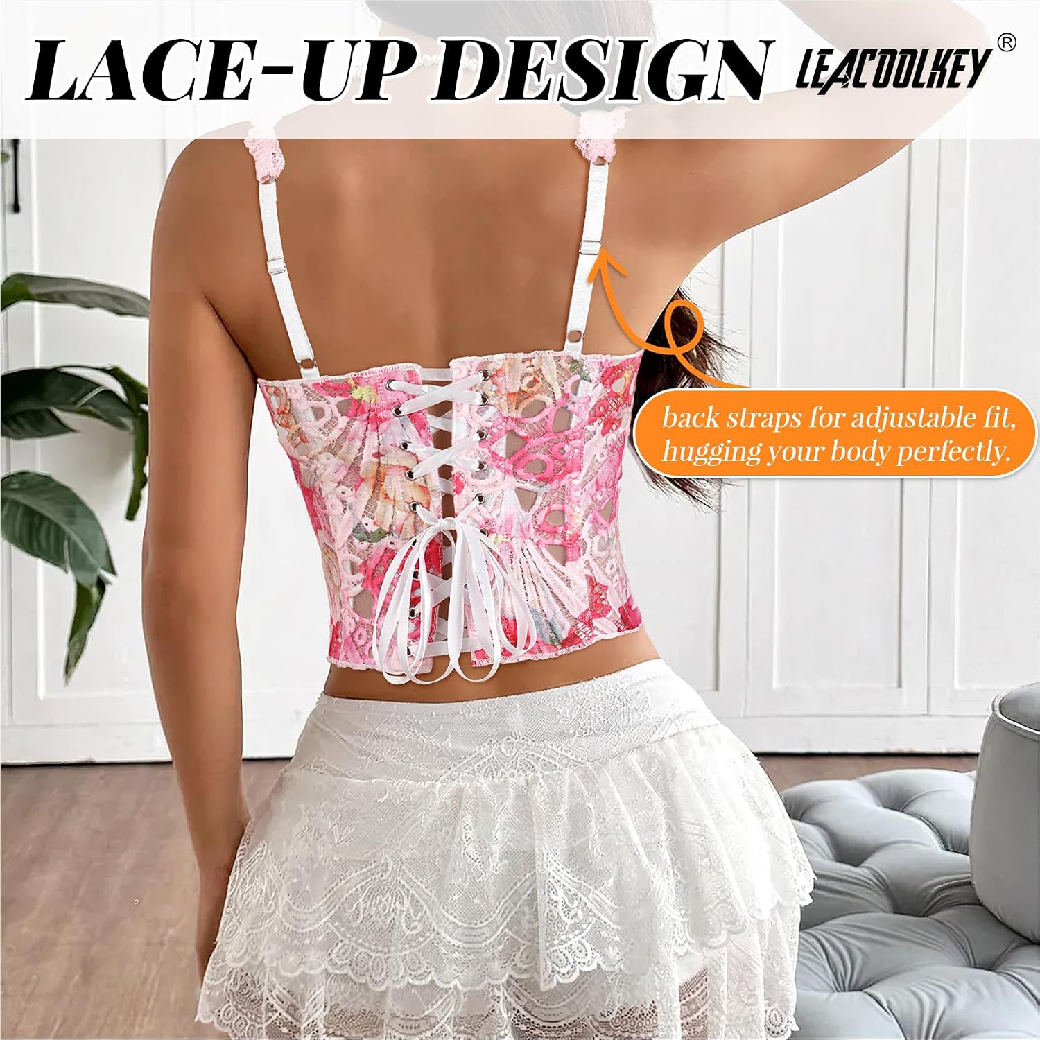 LEACOOLKEY Women's Sheer Floral Lace Corset Crop Top — image 5