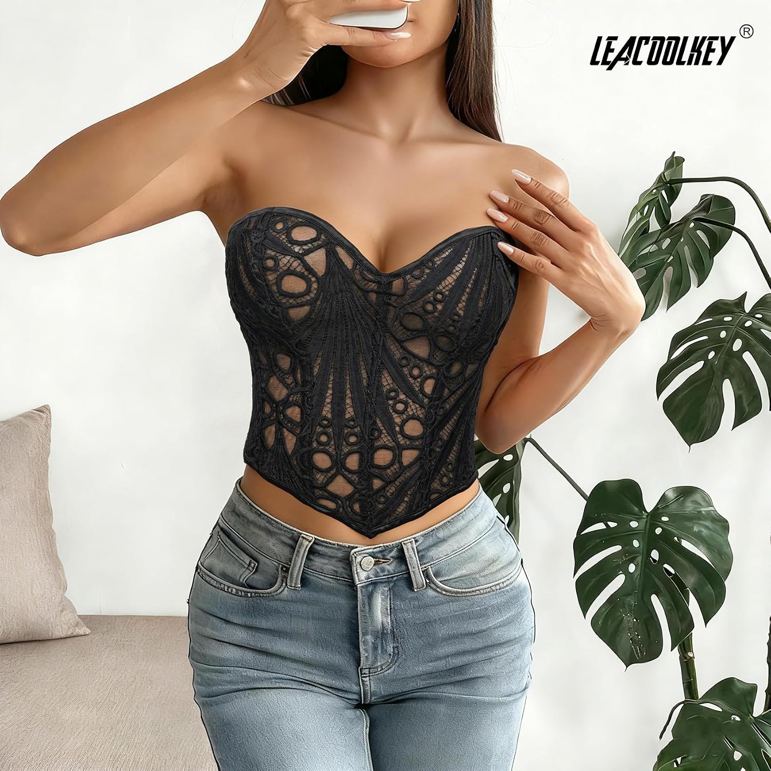 LEACOOLKEY Sheer Lace Corset Crop Top — image 2