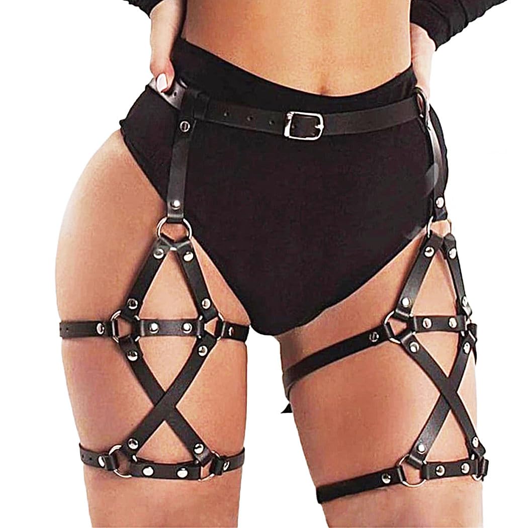 REETAN Black Leather Thigh Harness Garter Belt