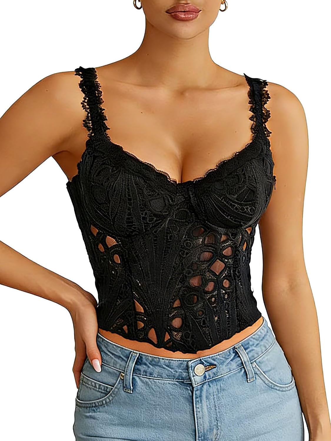 QIAIYALA Floral Lace-Up Corset Bustier