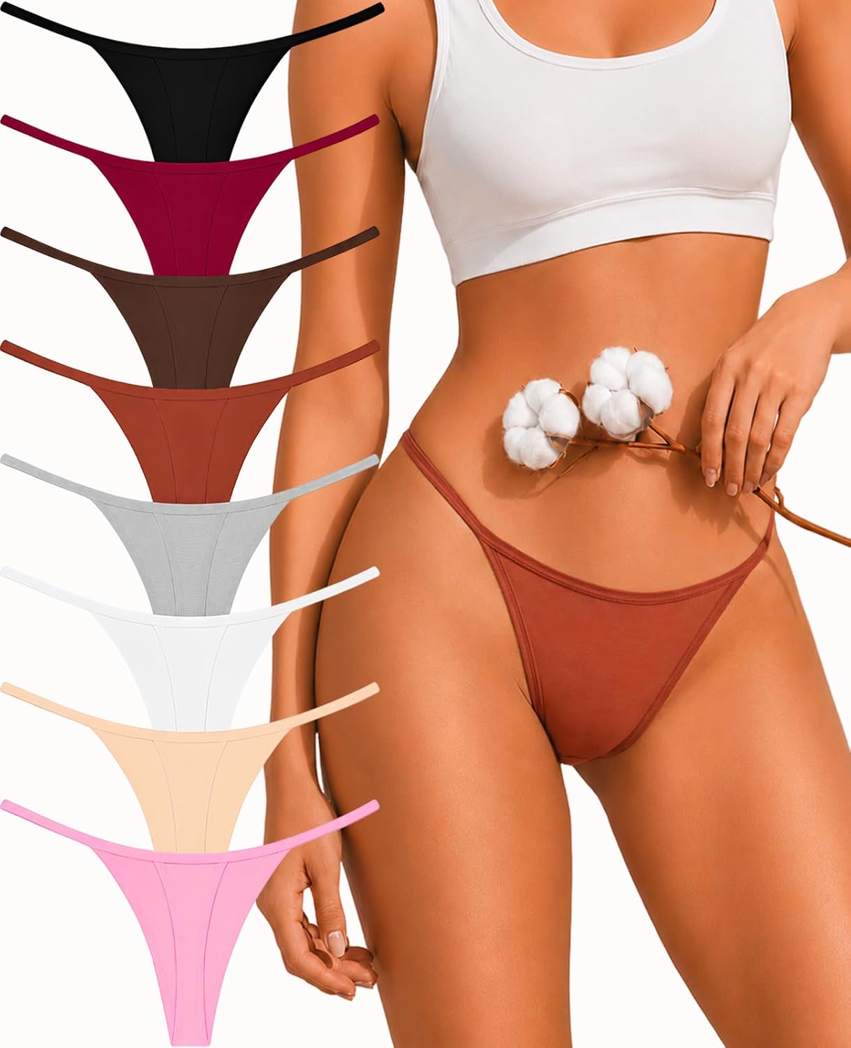 FINETOO 8-Pack Cotton Thongs for Women