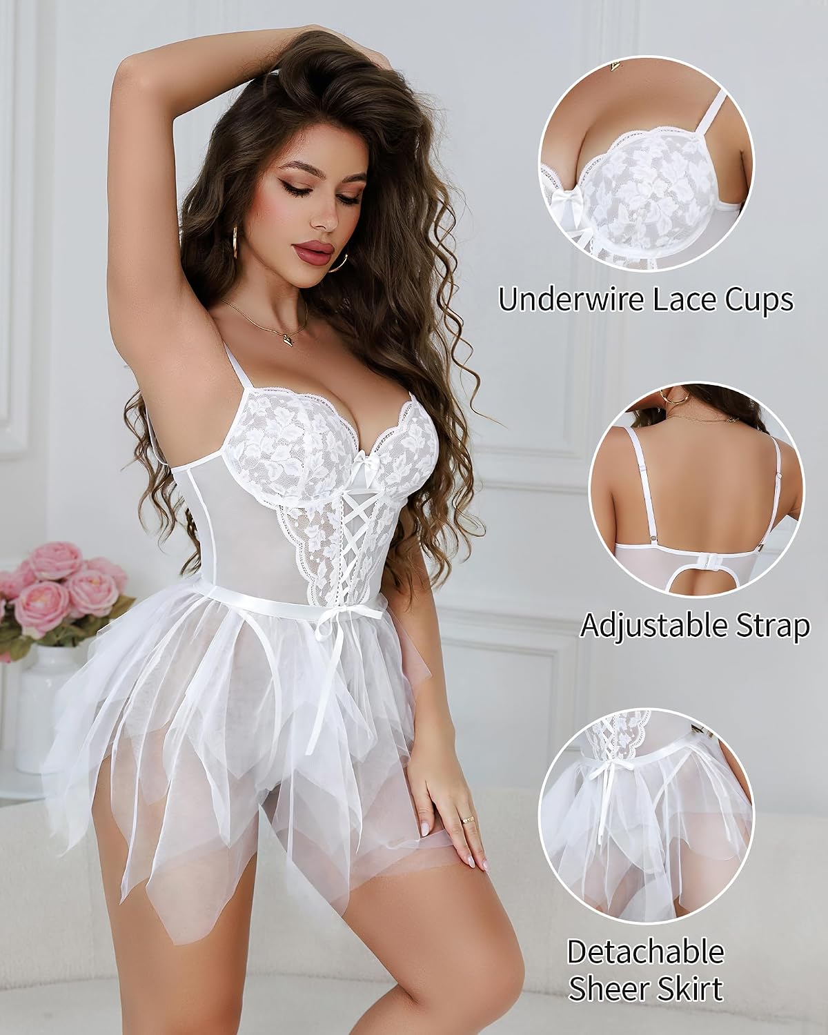 CHALOVELO Women's Underwire Floral Mesh Babydoll Set — image 4