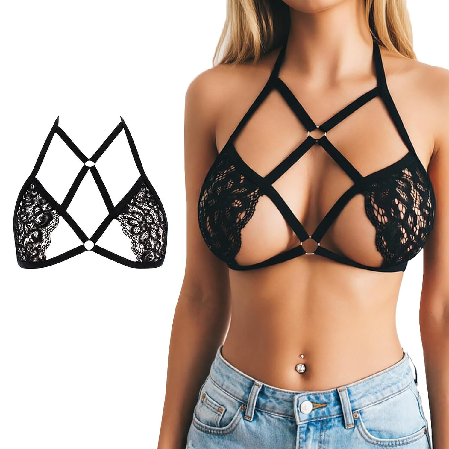 Looching Women's Black Lace Cage Bra with Strappy Harness