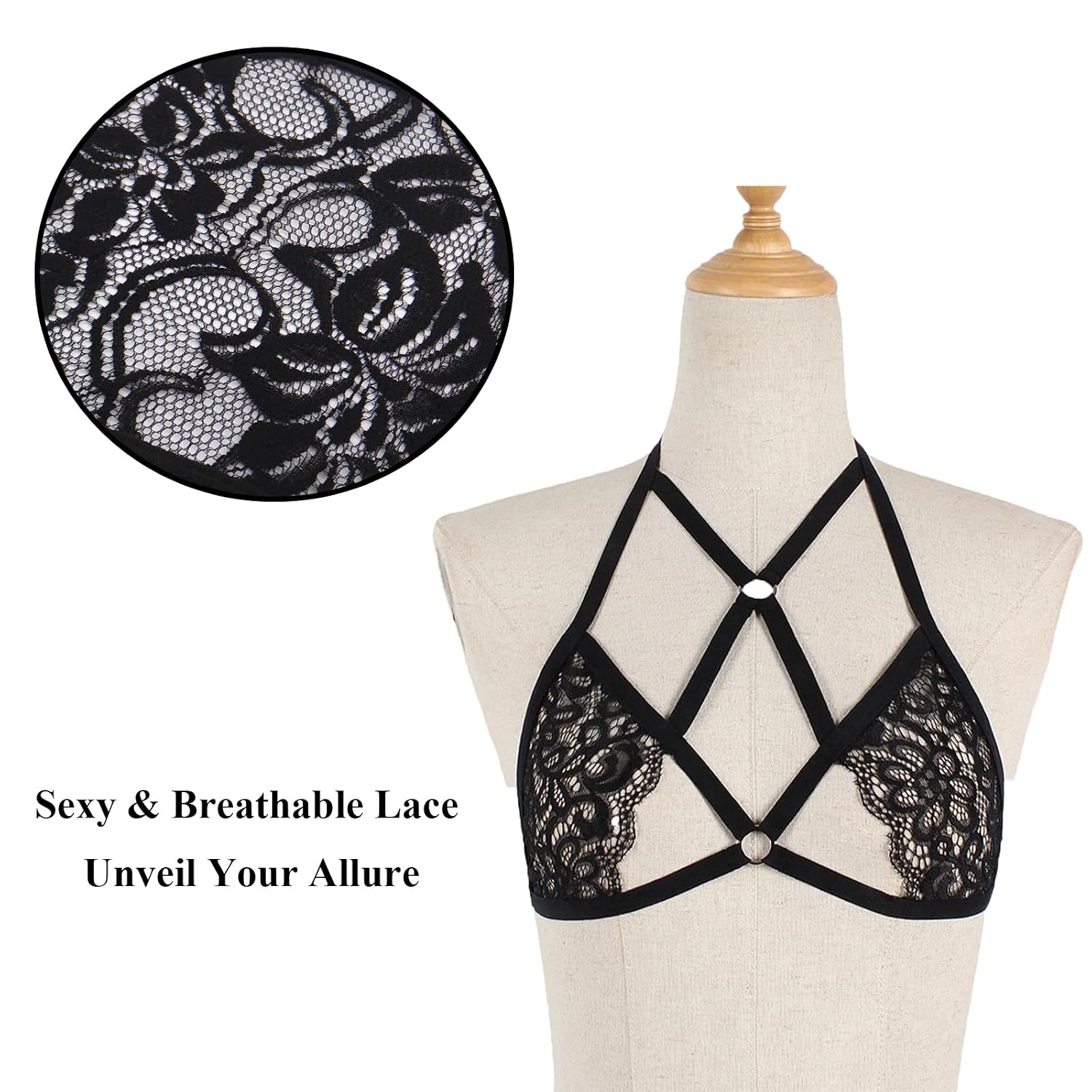 Looching Women's Black Lace Cage Bra with Strappy Harness — image 2