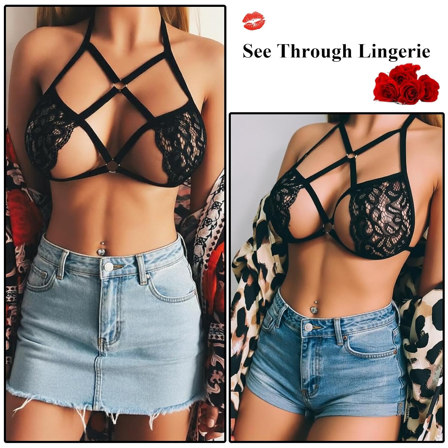 Looching Women's Black Lace Cage Harness Cami Bra — image 7