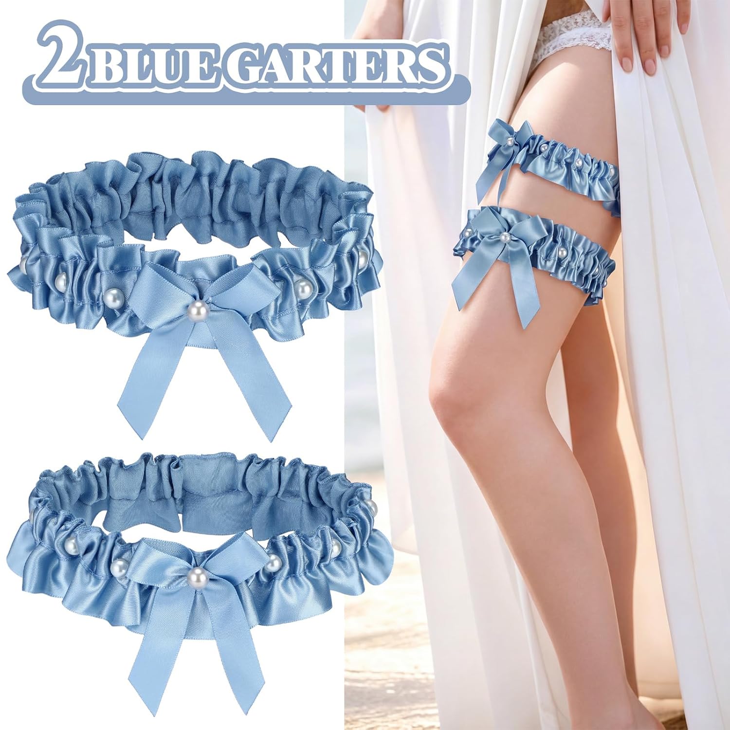 Blue Satin Bridal Garter Set with Pearl Bows — image 7