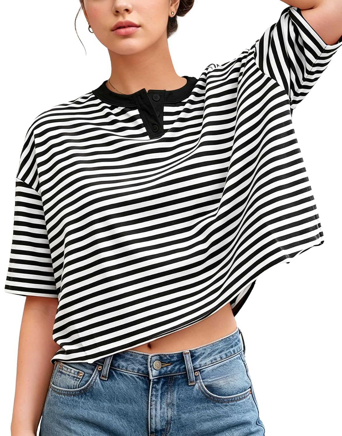 Murandick Striped Henley Crop Top