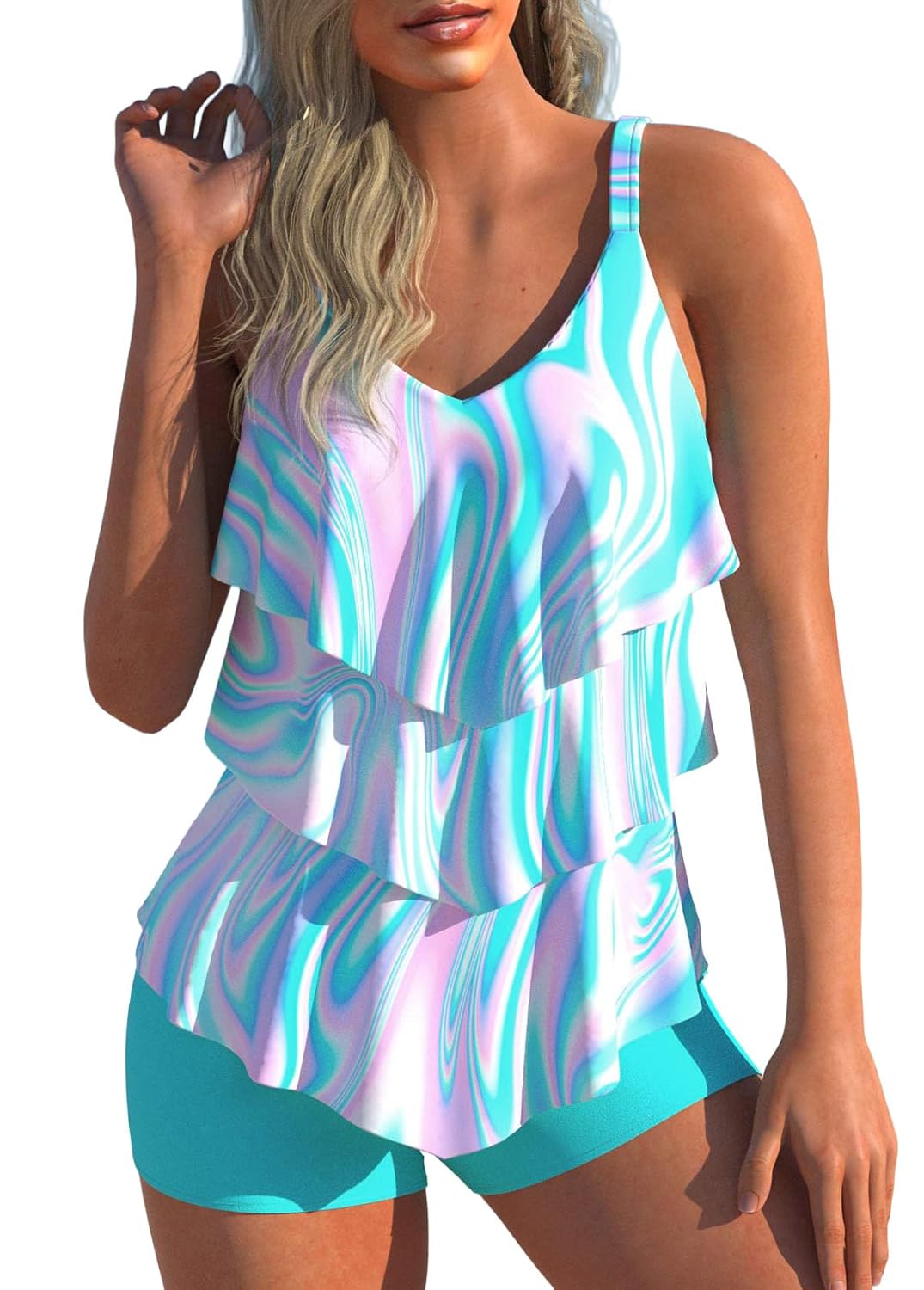 MODLILY Women's Layered Ruffle Tankini Swimdress