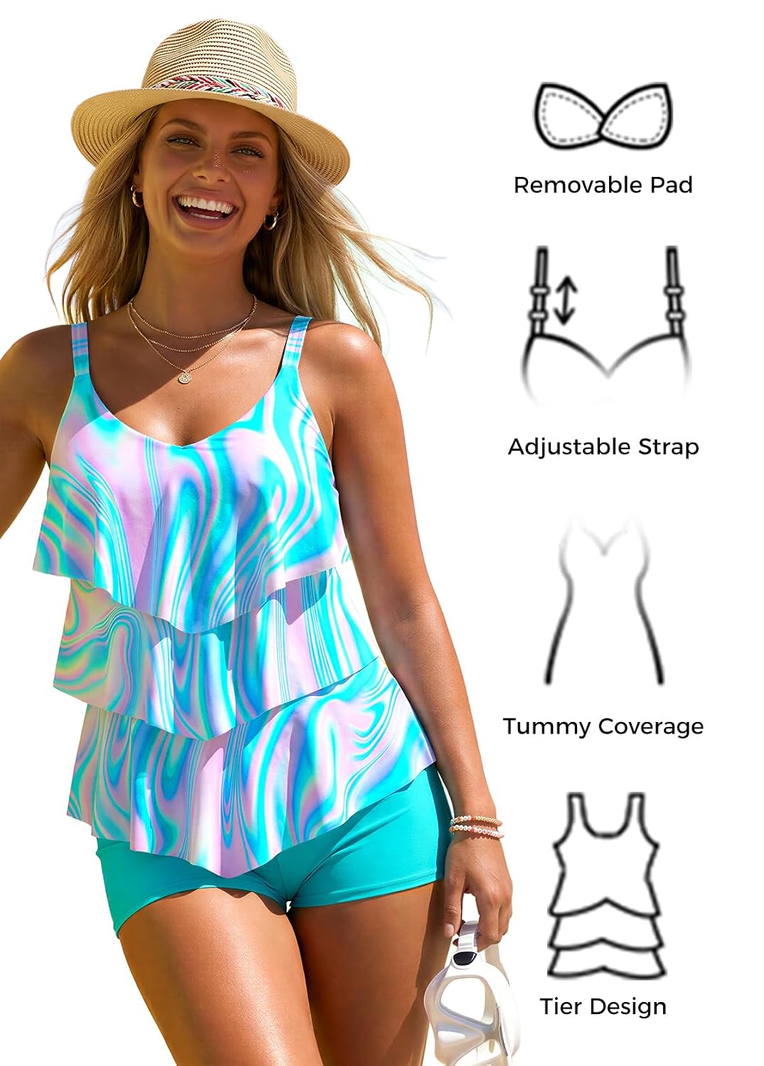 MODLILY Women's Layered Ruffle Tankini Swimdress — image 7