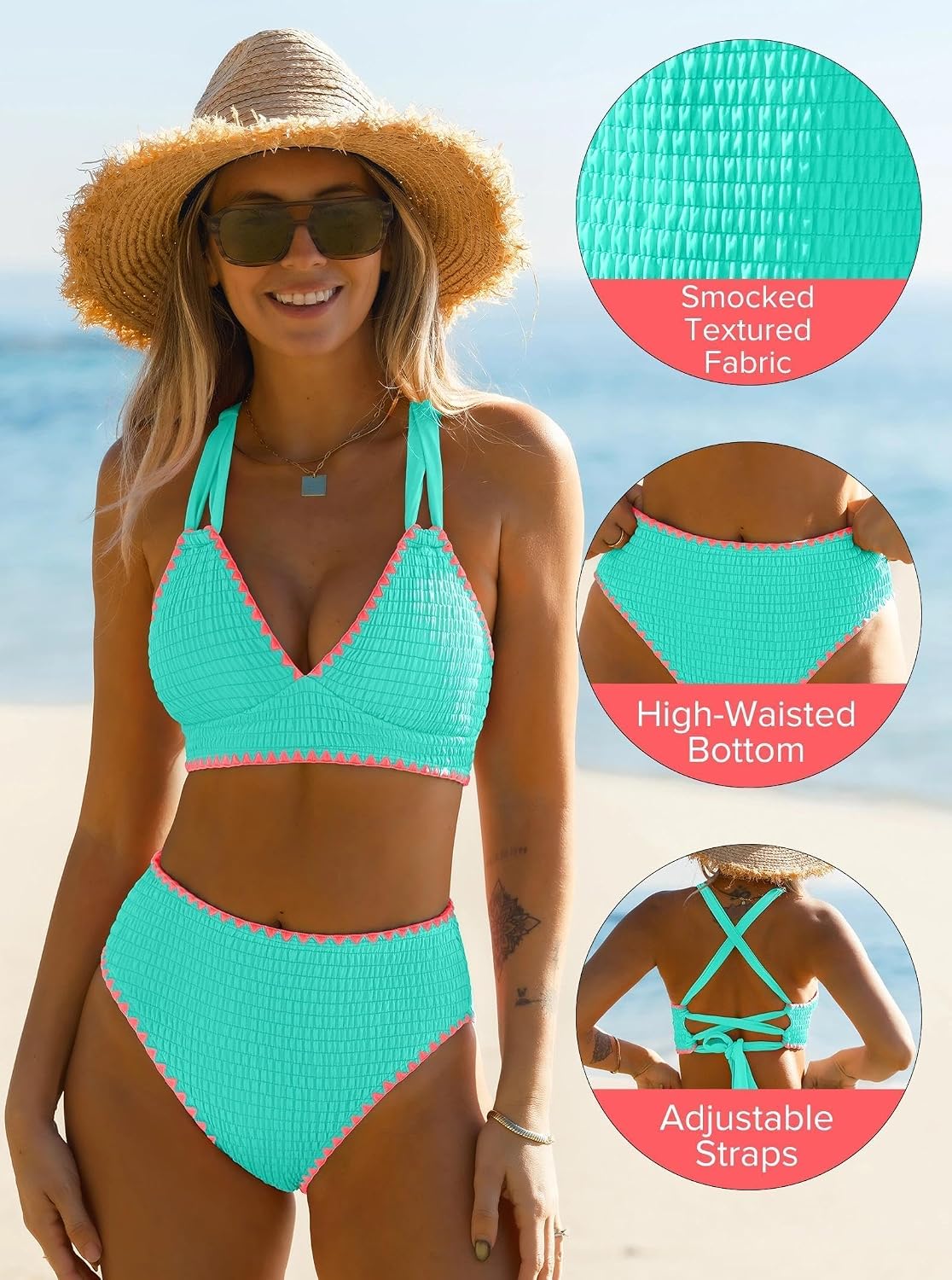 popvil Textured Smocked V Neck Bikini Set — image 6