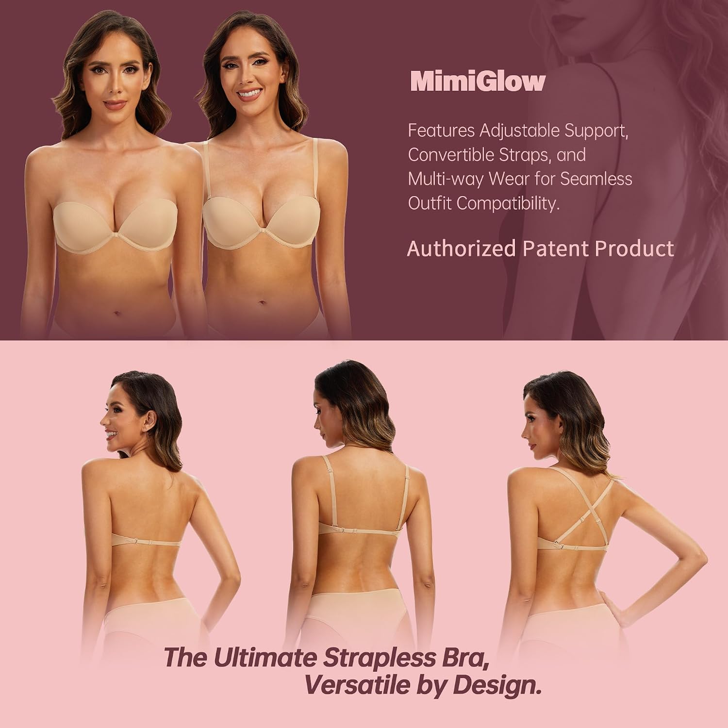 MimiGlow Women's Strapless Push Up Plunge Bra — image 4