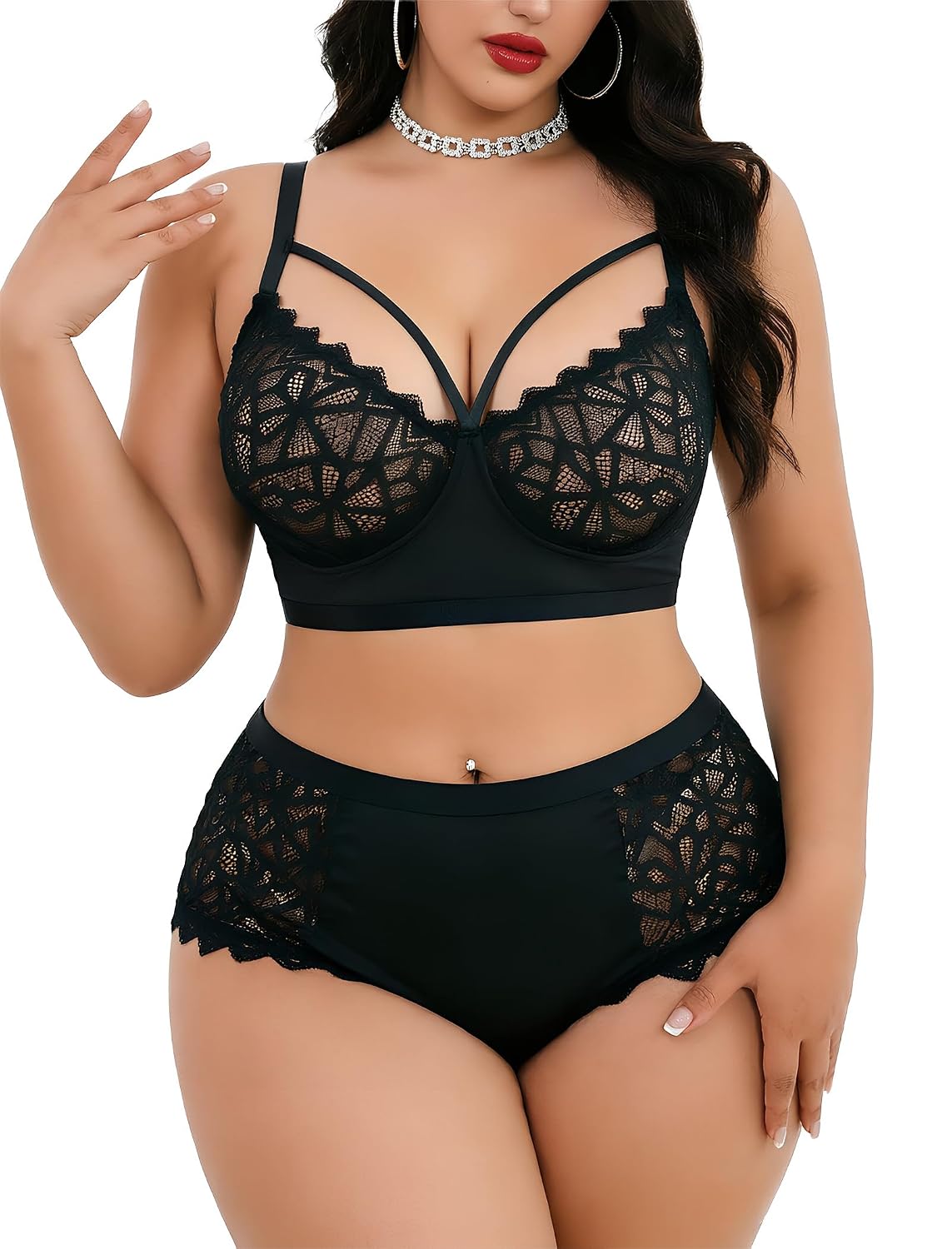 Alrovetoney Plus Size Wireless Lace Lingerie Set