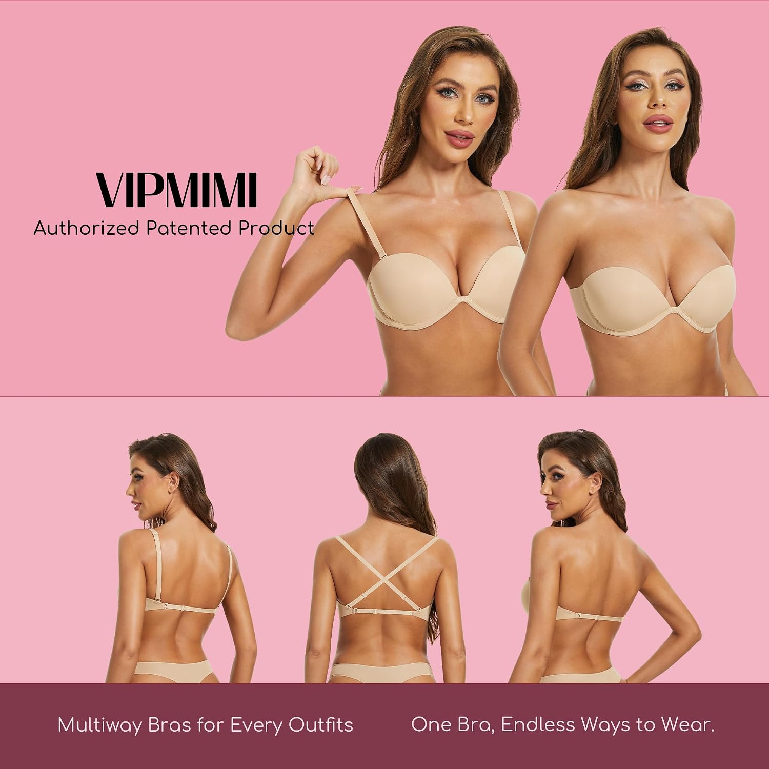 VIPMIMI Women's Strapless Push Up Bra Multiway Support — image 3