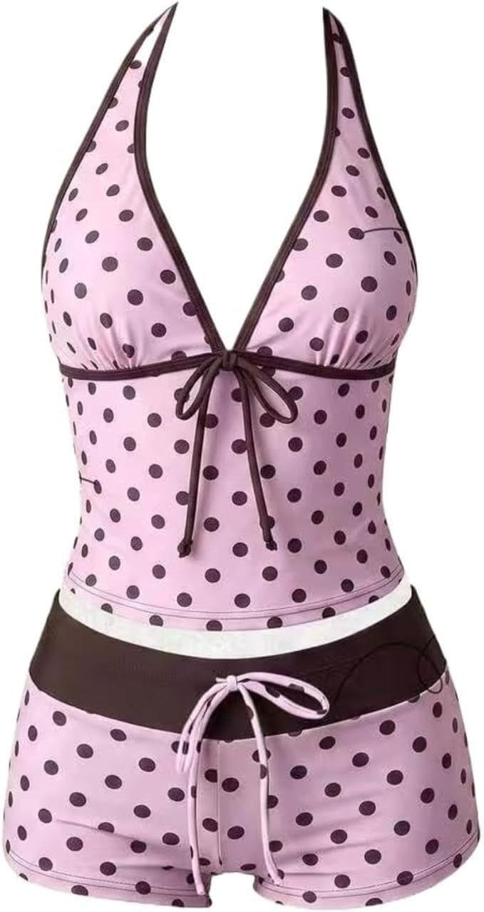 Y2K Polka Dot Halter Bikini Set with Shorts — image 8