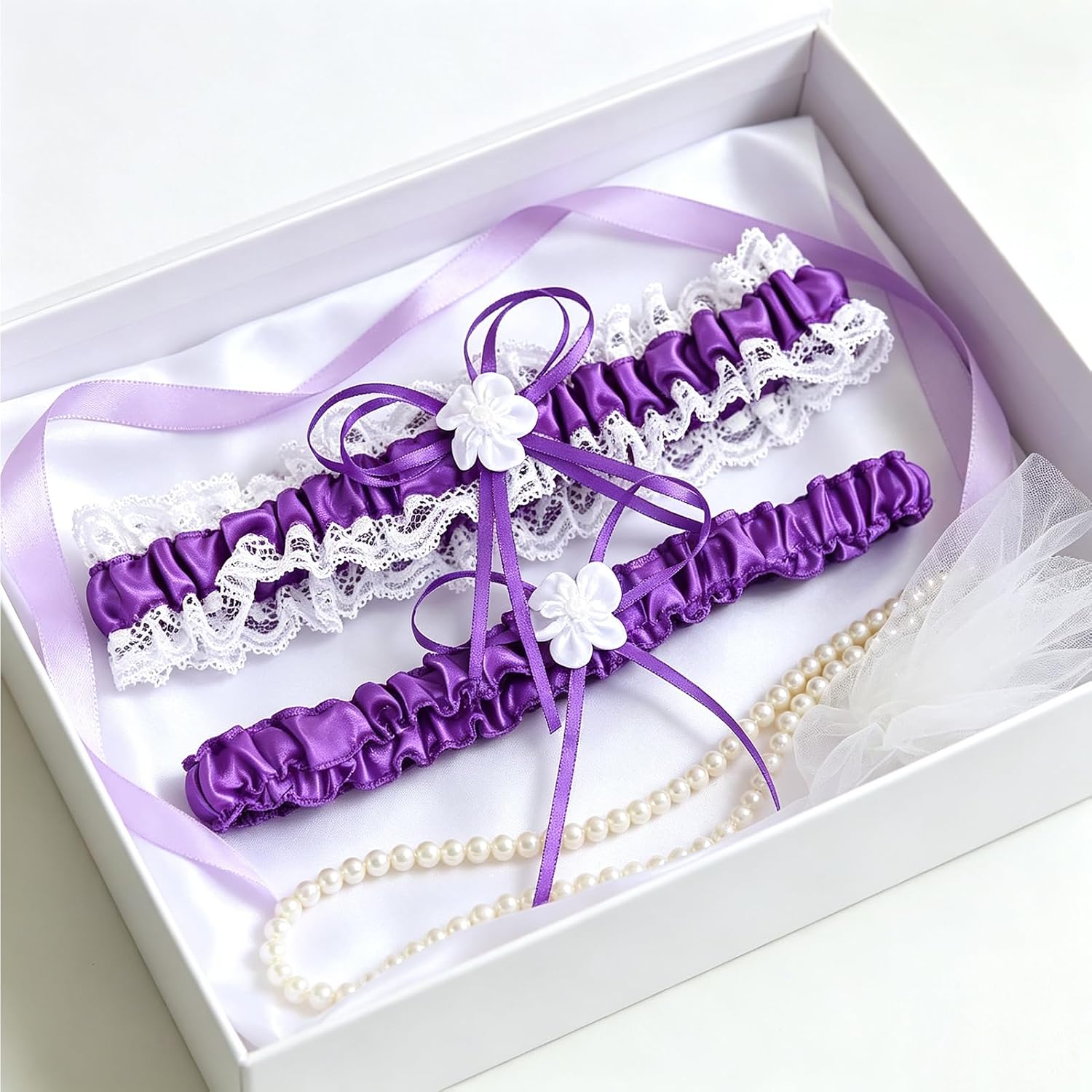 ZYXNYGV Lace Pearl Satin Leg Garters Set — image 7