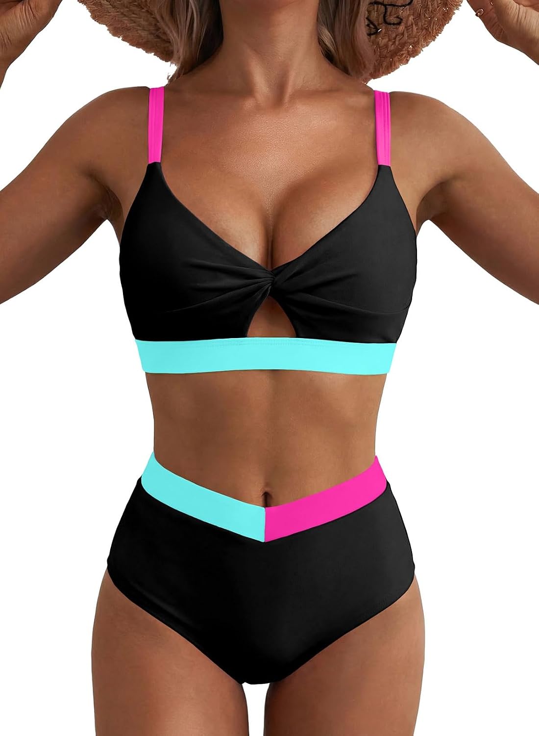High Waisted Twist Color Block Bikini Set