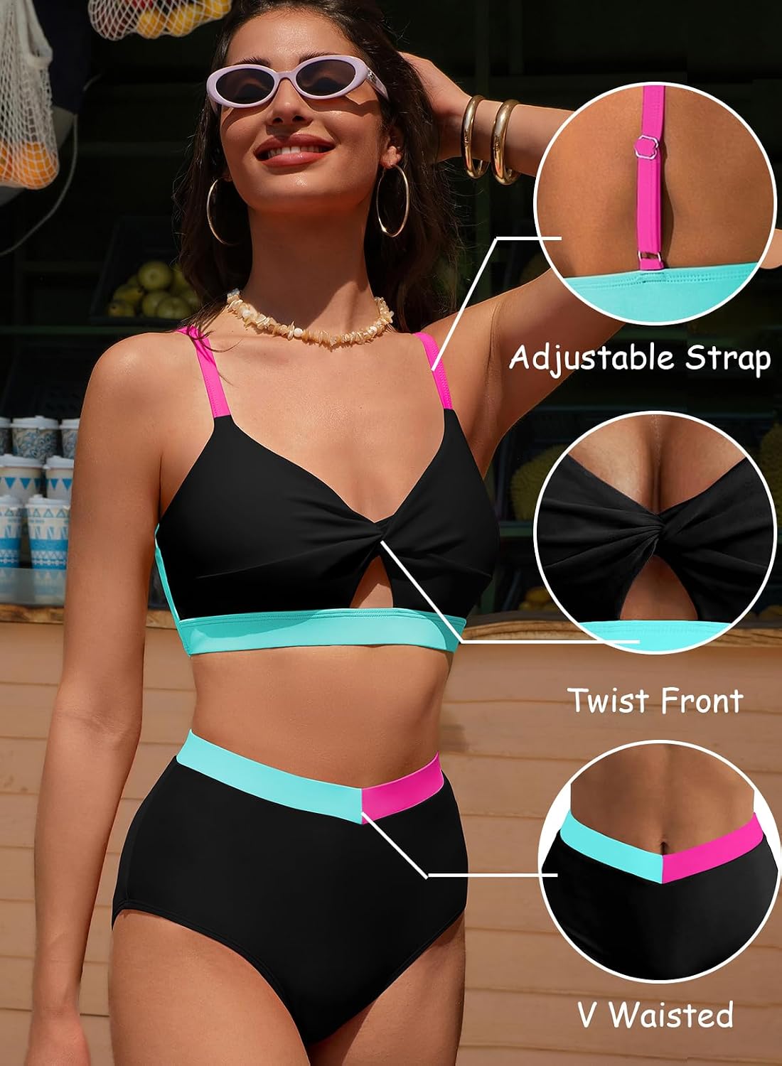 High Waisted Twist Color Block Bikini Set — image 6