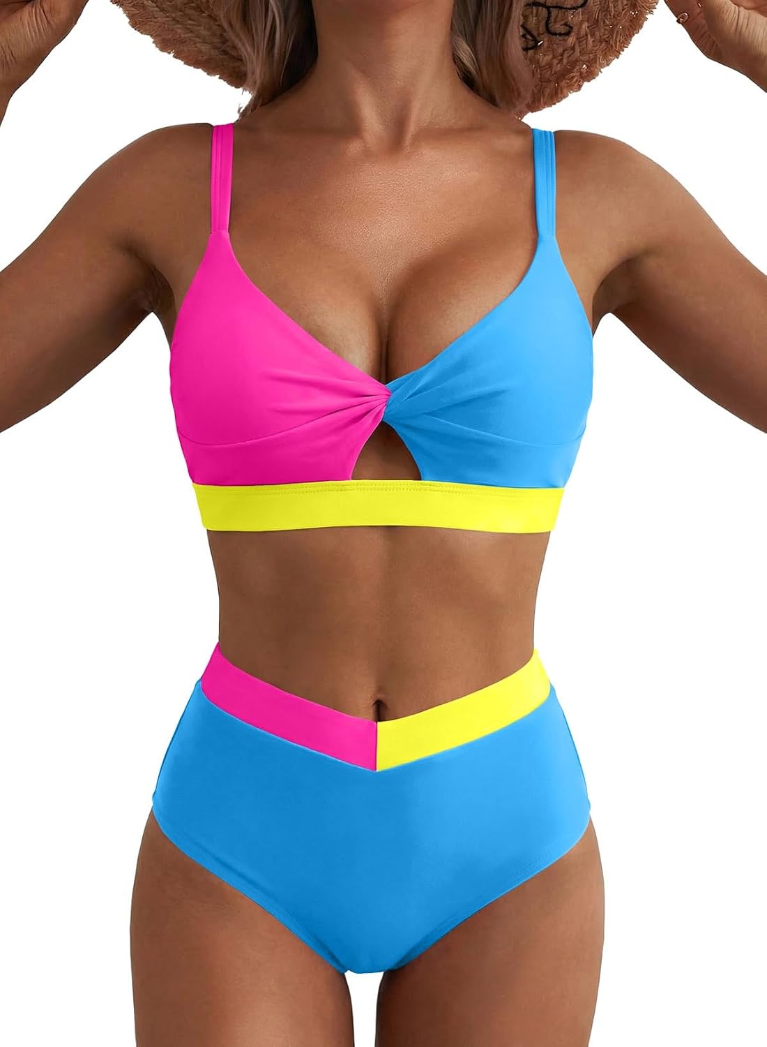 High Waisted Twist Color Block Bikini Set — image 12