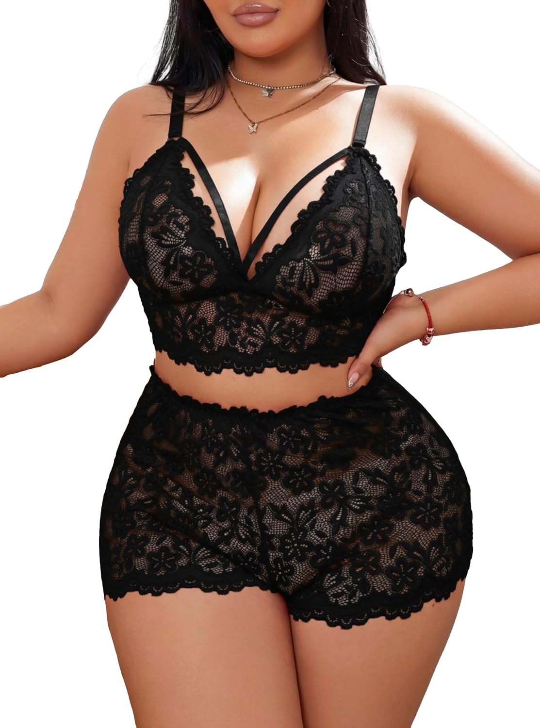 JuicyRose Plus Size Lace Bralette & Shorts Set