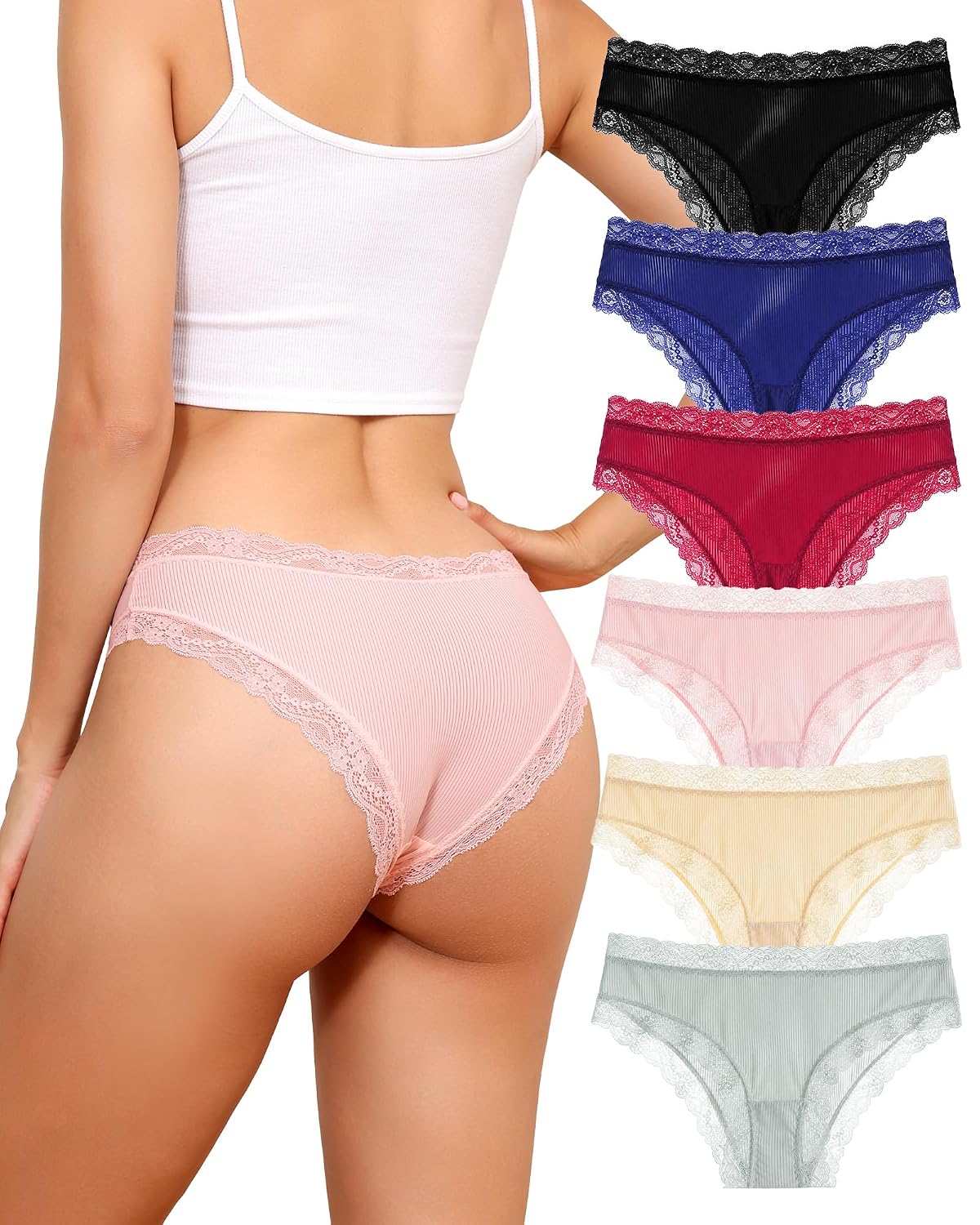 Aijolen Women's Lace Cheeky Bikini Panties 6-Pack