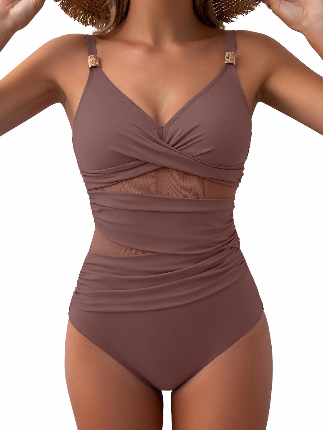 Women's Mesh Tummy Control V Neck One Piece Swimsuit