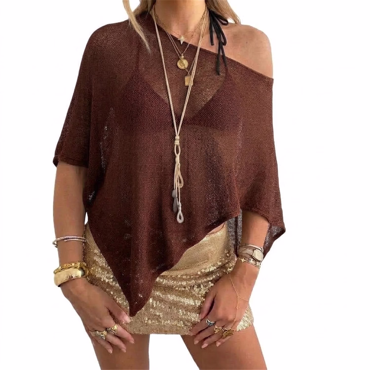 Sheer Knit Crochet Poncho Beach Cover Up — image 9