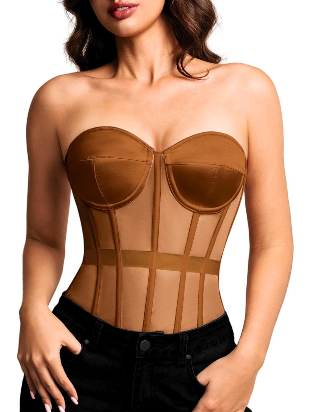 Kaei&Shi Women's Strapless Mesh Corset Bustier