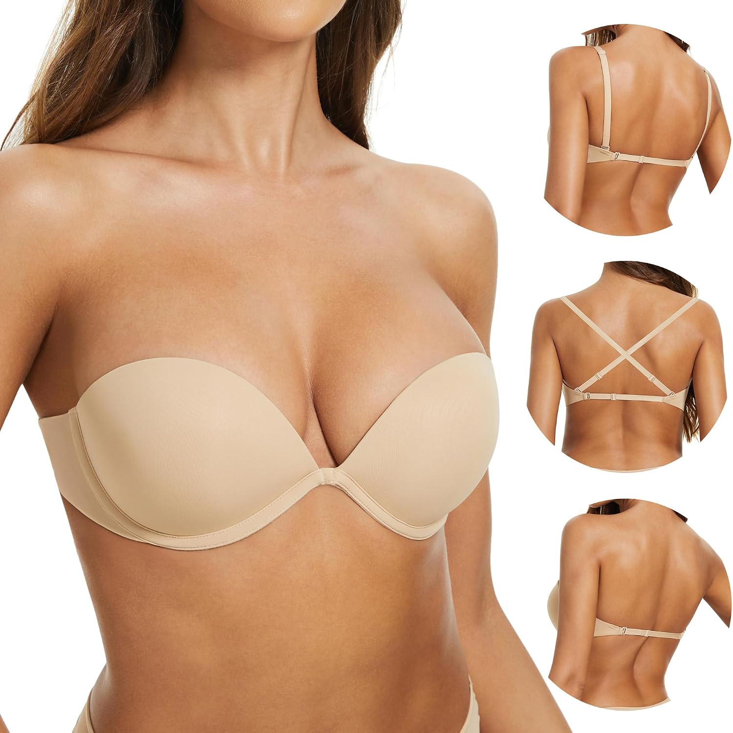 BUBBLEFOX Women's Strapless Push Up Bra - Non Slip Low Back