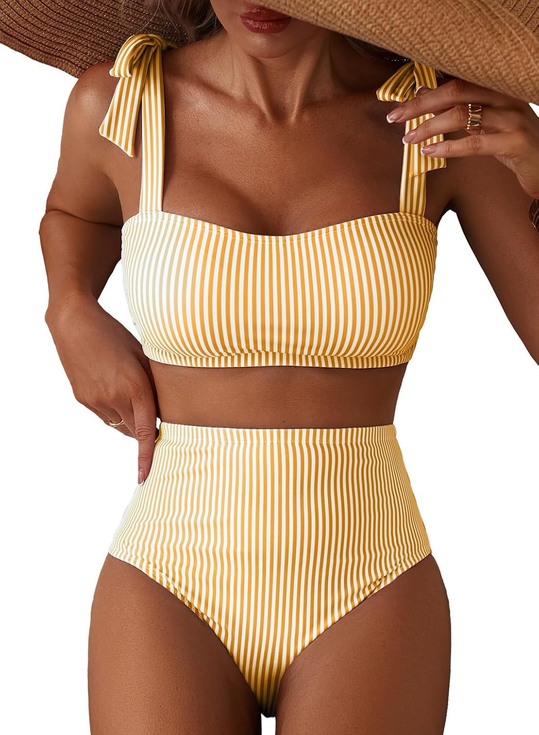Herseas Tie Shoulder High Waisted Bikini Set